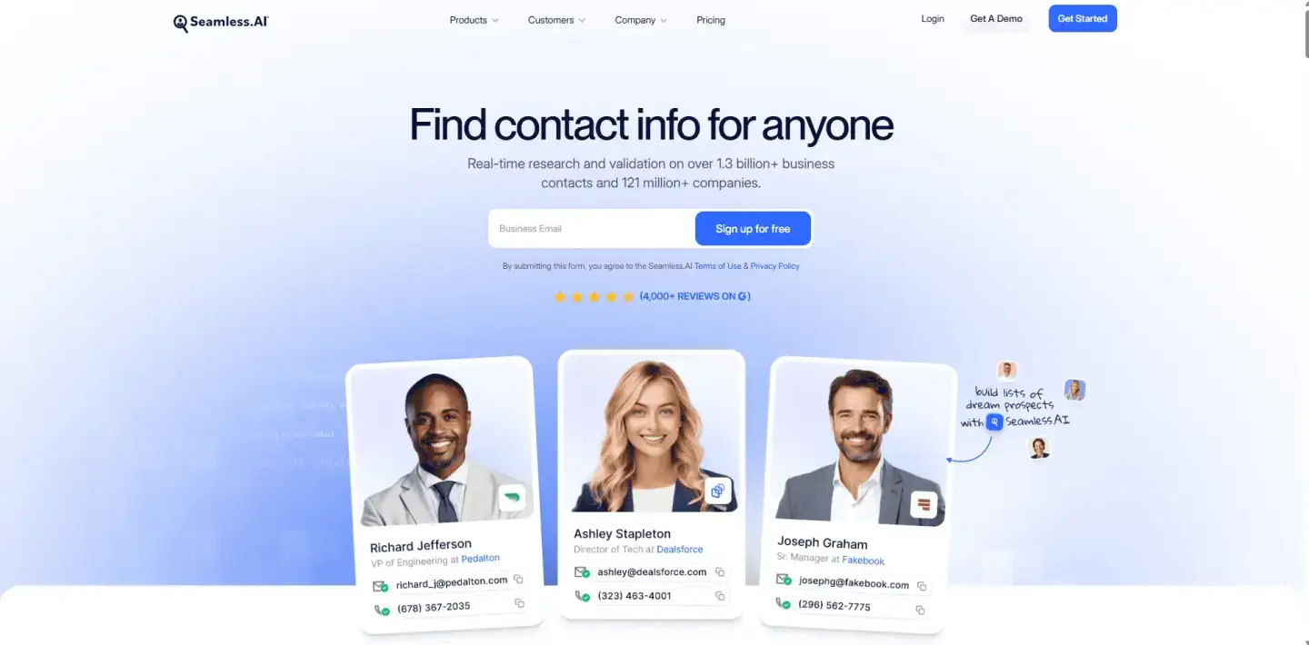 Seamless.ai homepage showing a search field for business emails, the headline “Find contact info for anyone,” and sample contact cards below.