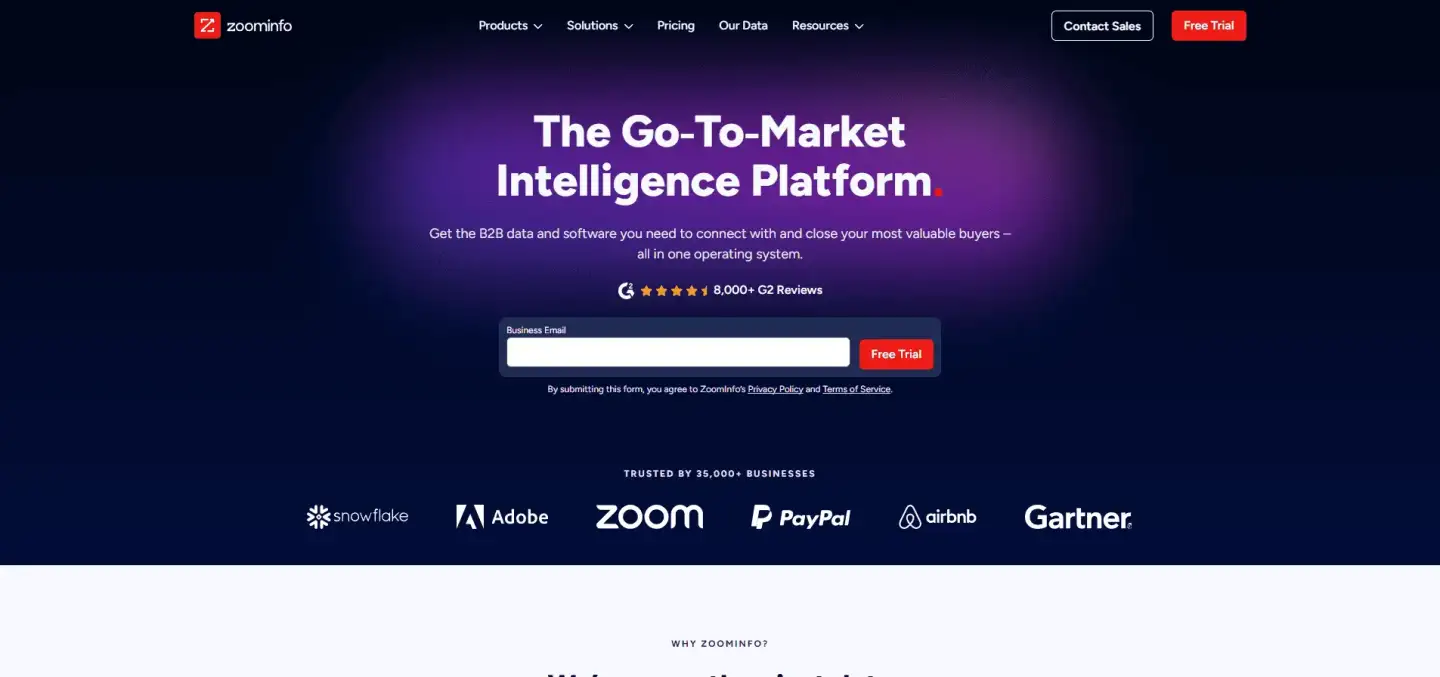 ZoomInfo homepage showing its headline, an email signup field with a free trial button, and a row of client logos.