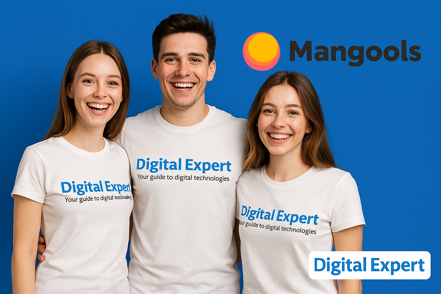 Three smiling young adults in white Digital Expert t-shirts stand against a blue background with the Mangools logo.