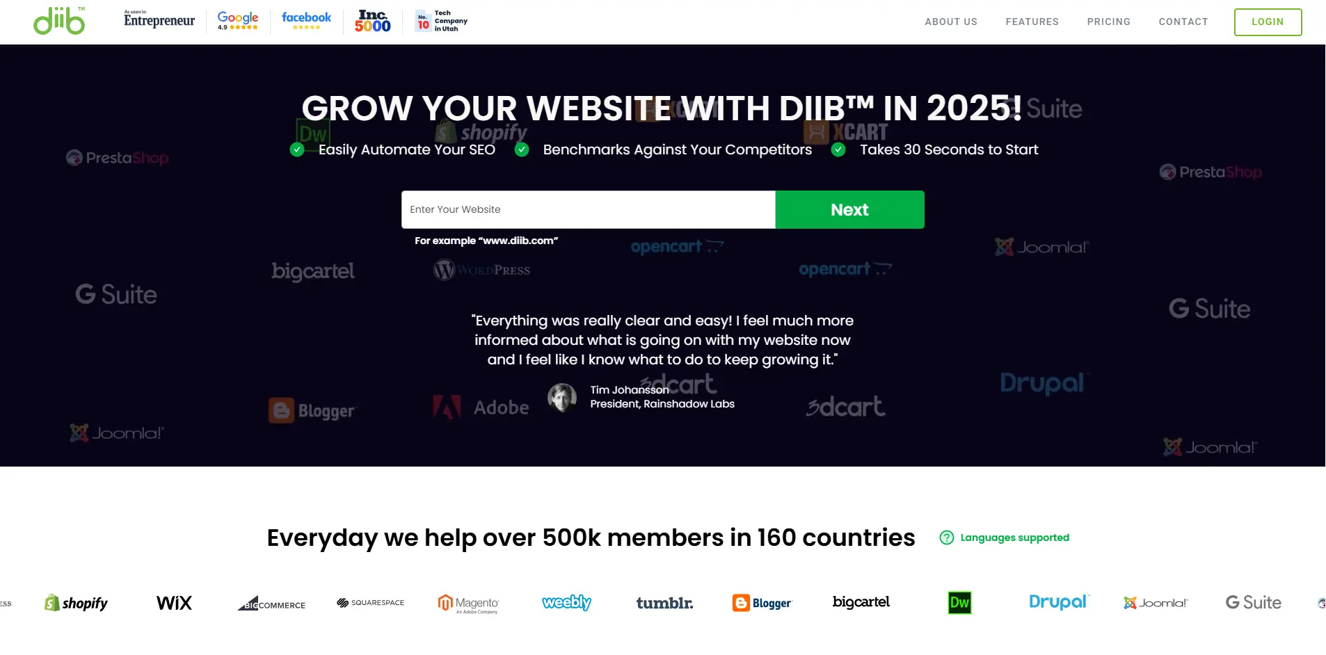 Diib homepage promoting automated SEO growth tools with competitor benchmarking and a quick website setup process.