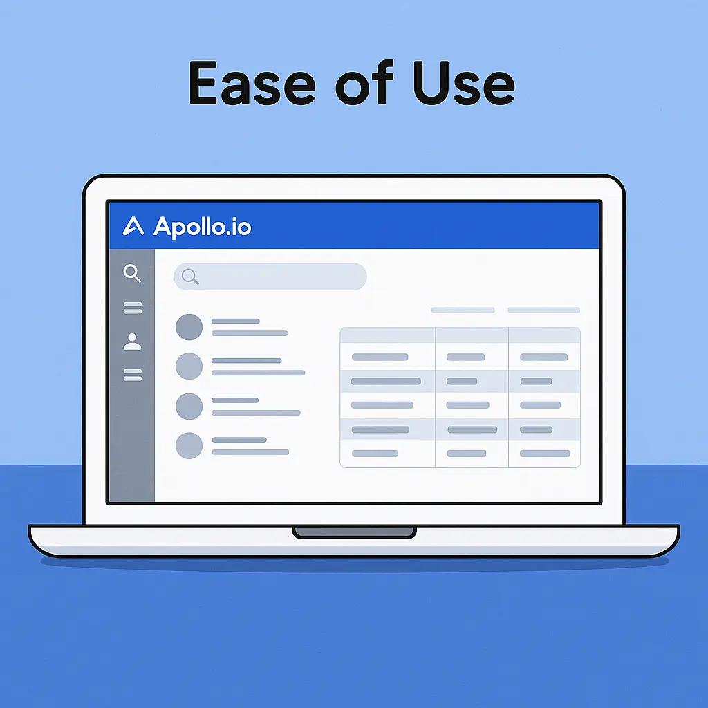 Illustration of a laptop screen displaying Apollo.io’s user interface under the heading "Ease of Use," highlighting its clean and intuitive design for effortless navigation.