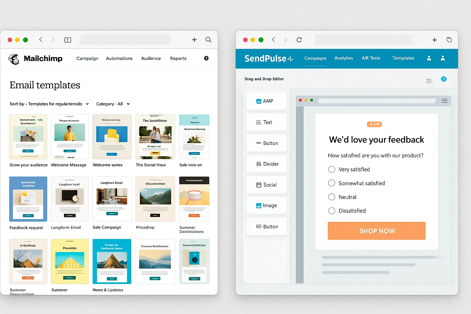Two browser windows: on the left Mailchimp’s template gallery with dozens of thumbnail previews; on the right SendPulse’s AMP-ready editor showing an interactive survey block.