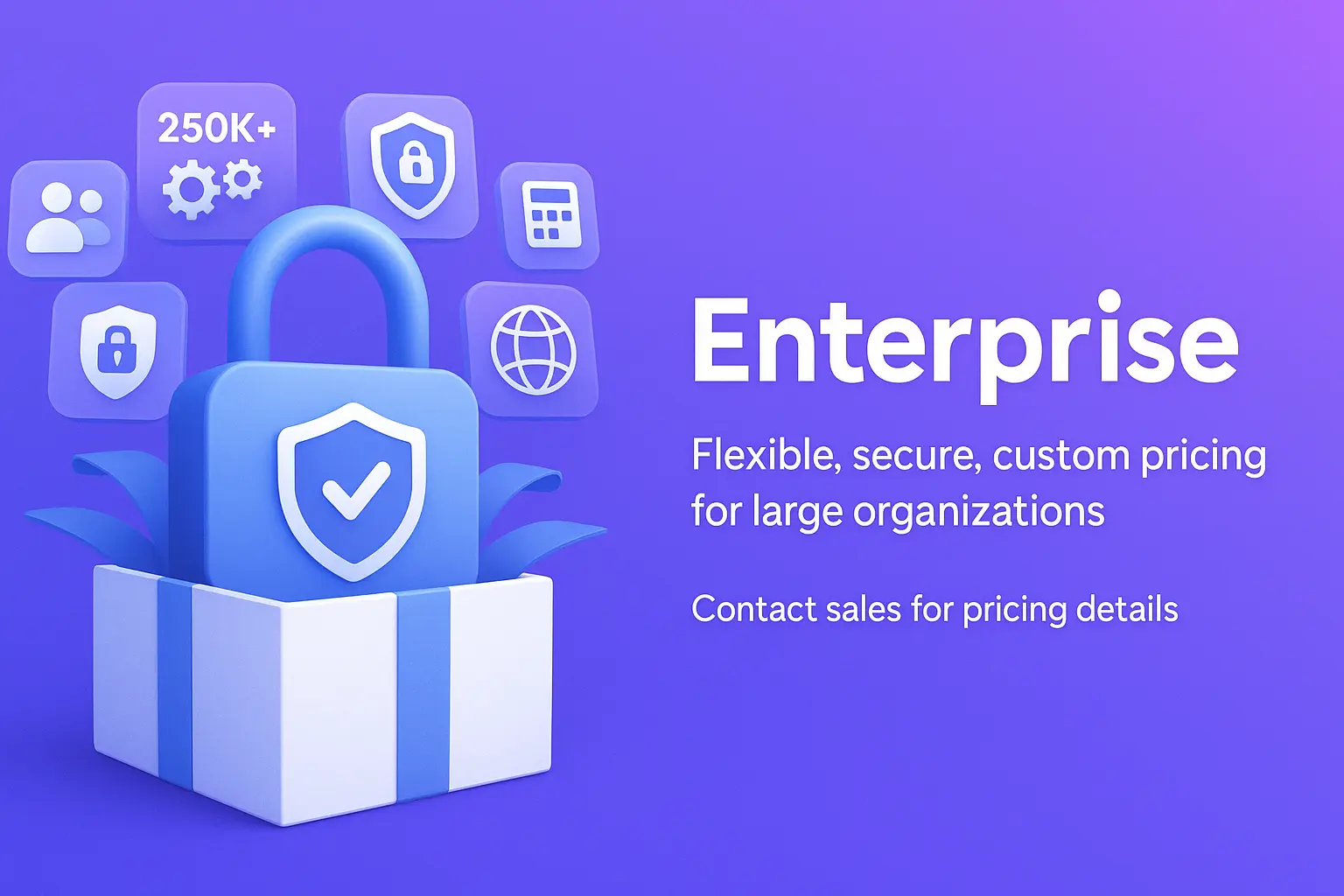ClickUp Enterprise plan visual with a lock, shield icon, and feature icons, promoting secure custom pricing for large organizations.