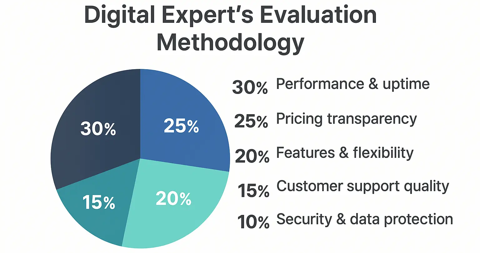 Infographic showing Digital Expert’s 2025 evaluation method for domain and hosting providers, including weighted factors: performance (30%), pricing transparency (25%), features (20%), support (15%), and security (10%).