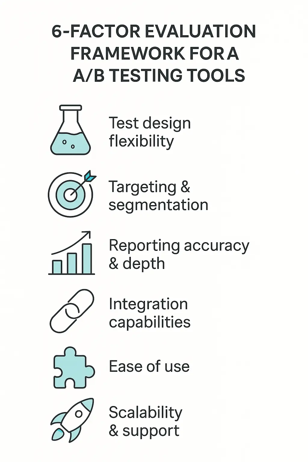 Infographic showing six evaluation criteria for A/B testing tools: test design flexibility, targeting, reporting accuracy, integrations, ease of use, and scalability
