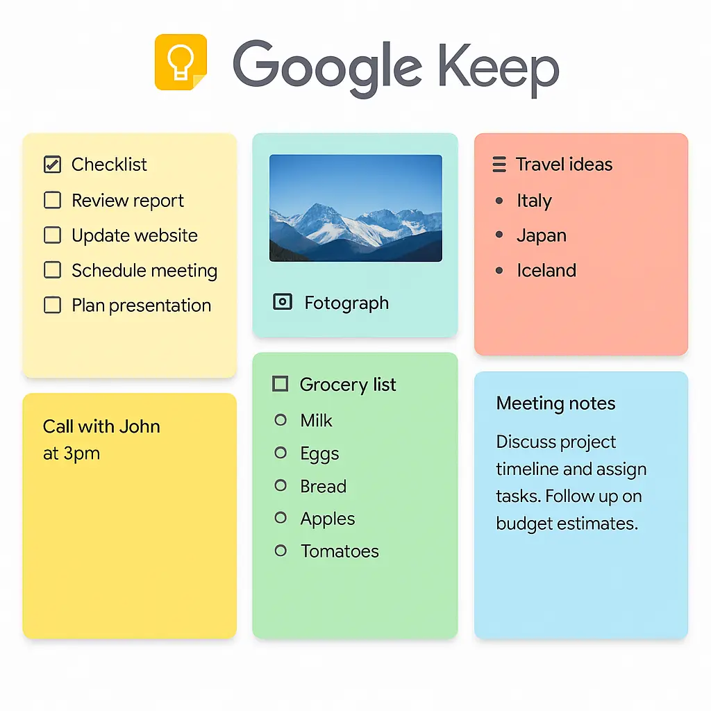 Google Keep interface with colorful note cards—showing a checklist, photo note, and bulleted list on a simple, scrollable board.