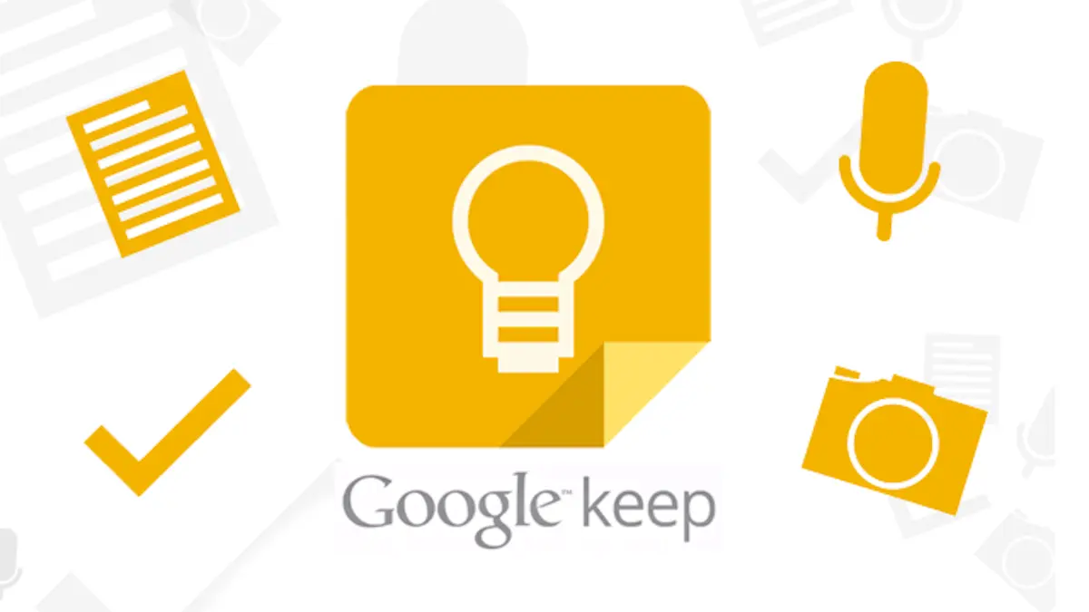 Google Keep logo with icons representing note-taking features such as checklists, microphone, camera, and text notes on a white background.