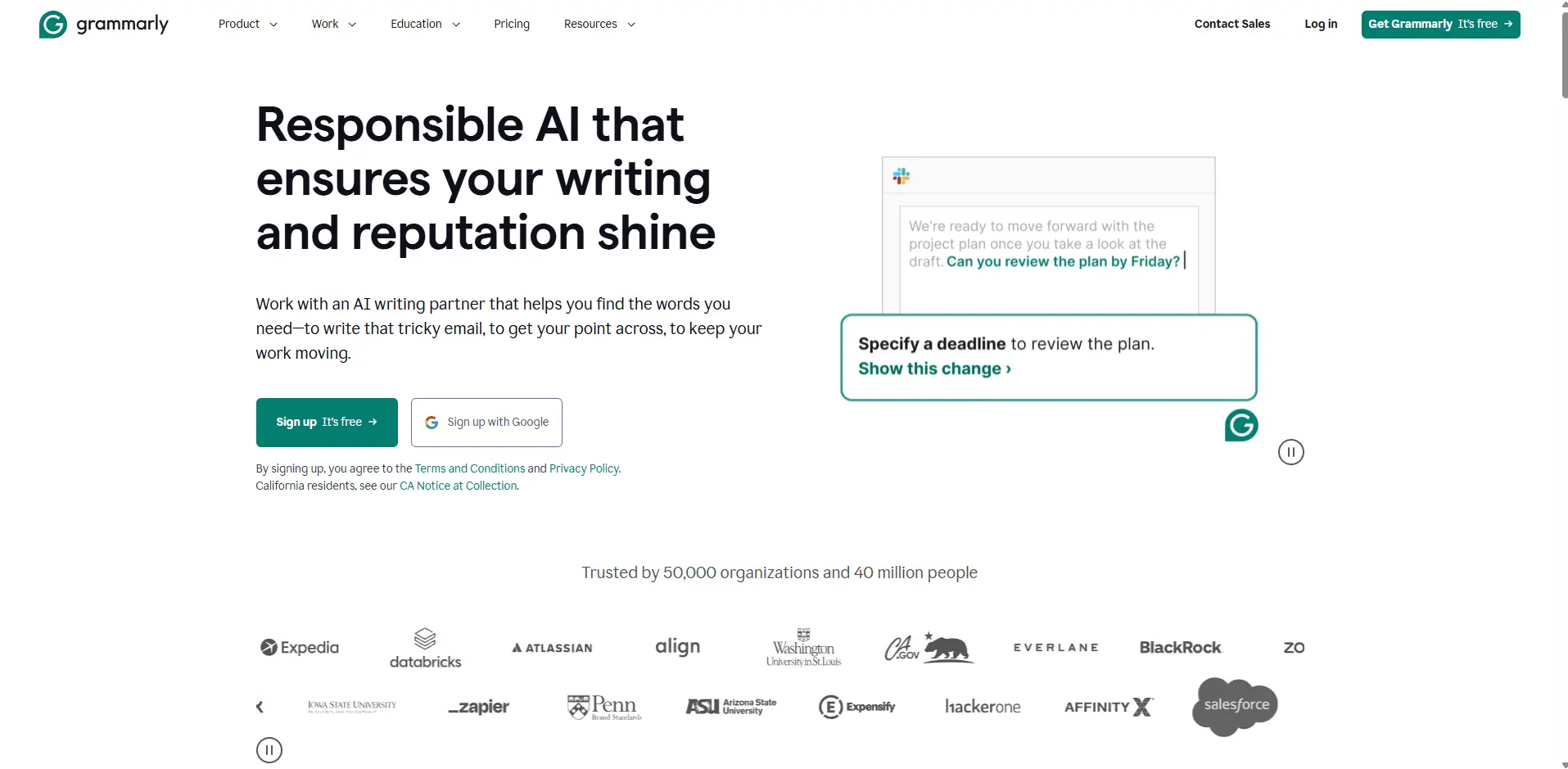 Grammarly homepage displaying its “Responsible AI that ensures your writing and reputation shine” headline, call-to-action buttons, and an example suggestion bubble.