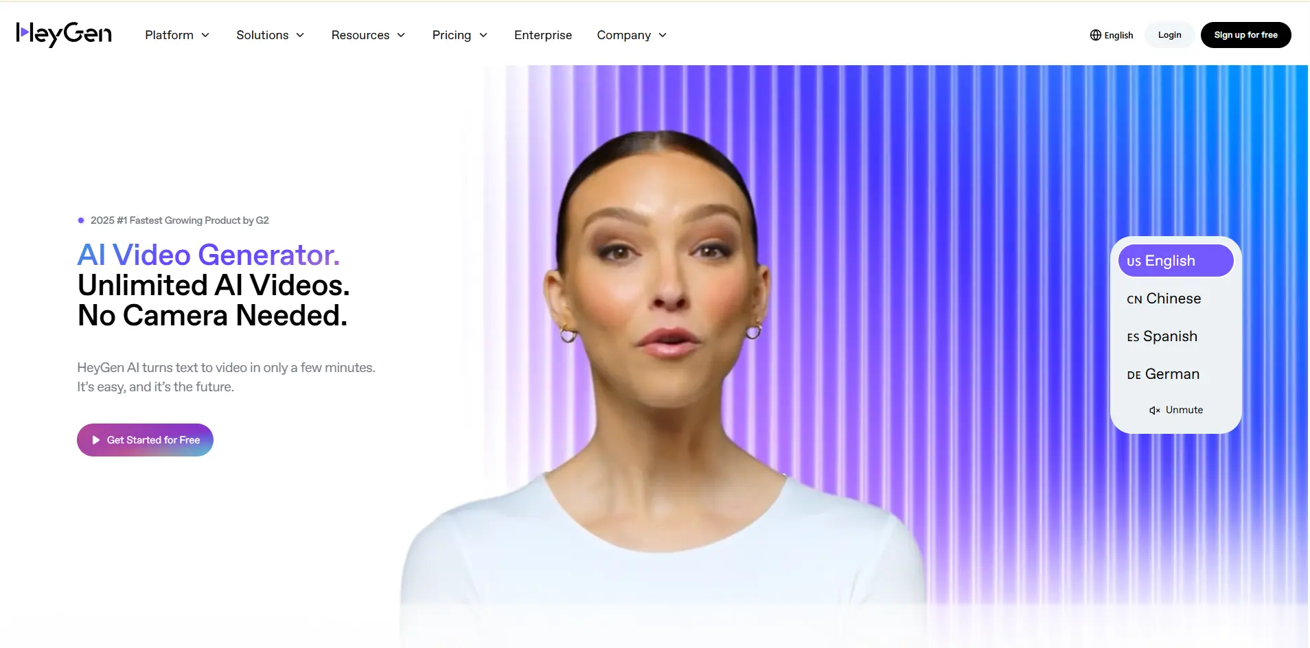 HeyGen’s homepage showcasing a lifelike AI presenter against a striped gradient backdrop with language selection options.