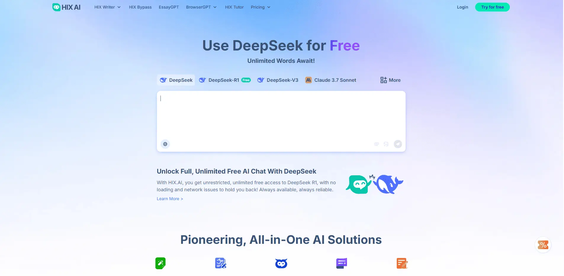HIX.AI homepage displaying its “Use DeepSeek for Free” headline with an input box for unlimited AI writing and navigation links to tools like HIX Writer, HIX Bypass, and browser extensions.