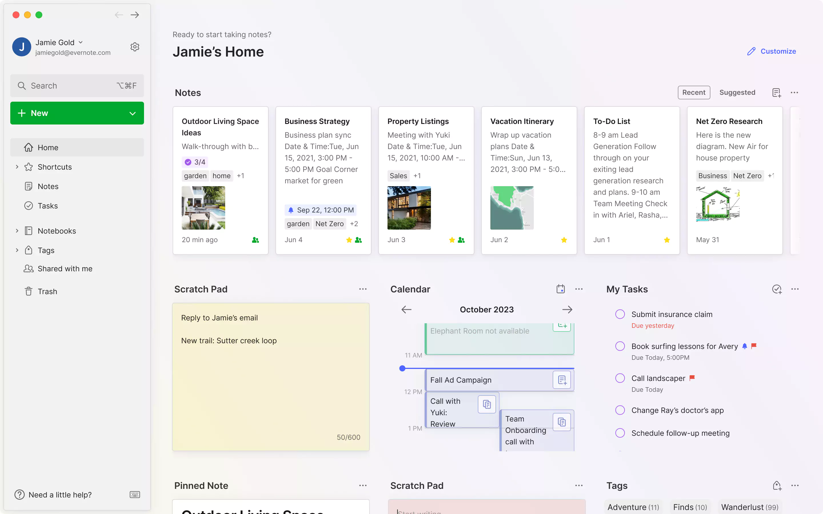 Evernote interface with sidebar of notebooks, a note list, and an open note containing text, images, and a PDF—demonstrating its flexible, organized workspace.