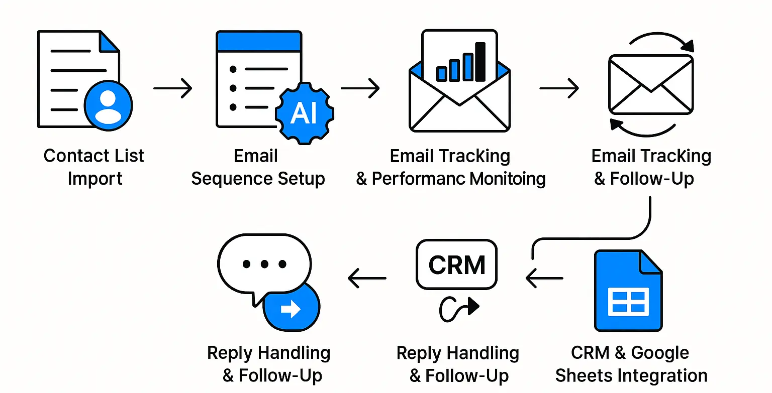 Visual diagram showing the workflow of cold email software: importing contacts, setting up personalized email sequences, sending with inbox rotation, tracking open/reply rates, and CRM integration.