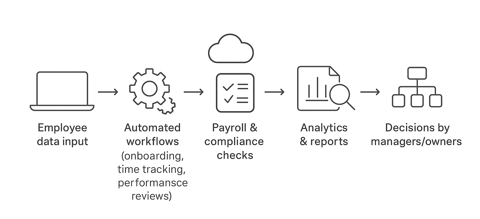 Horizontal flowchart showing how HR software processes employee data into workflows, payroll/compliance checks, and analytics