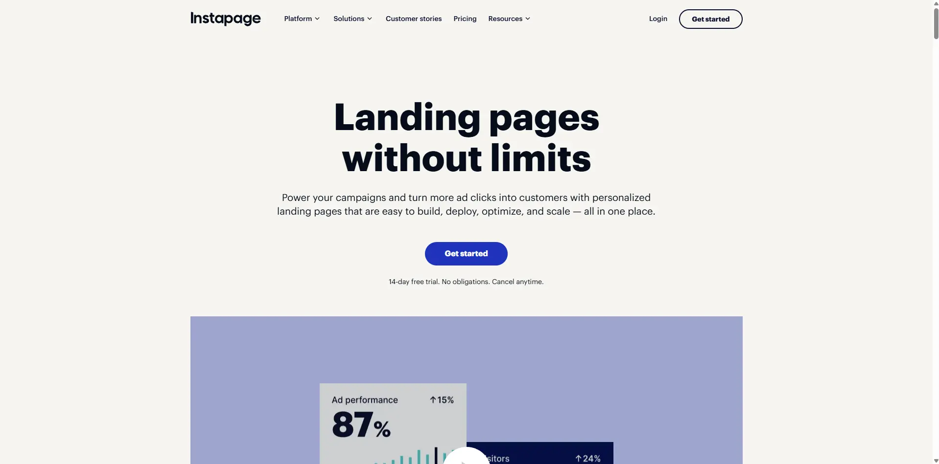 Instapage hero section with the headline “Landing pages without limits,” a “Get started” button, and a preview of performance analytics below.