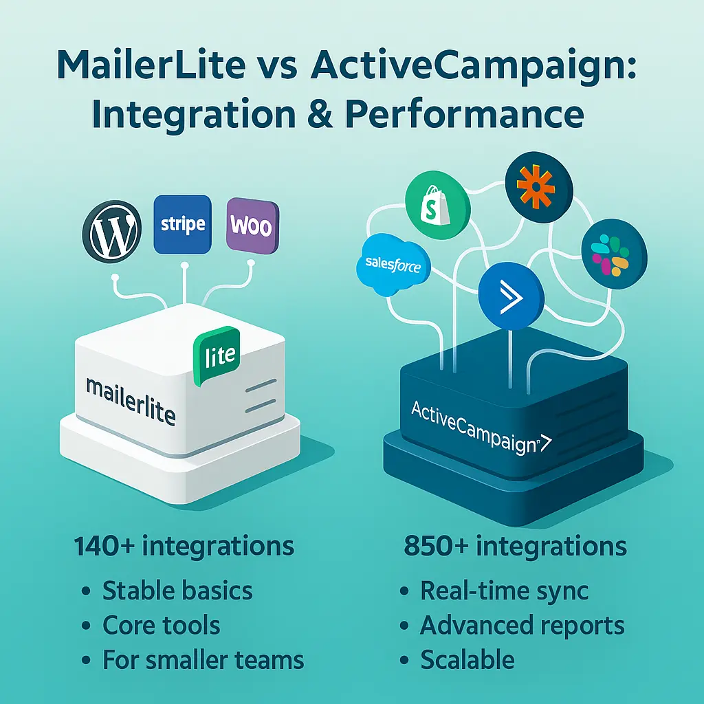 MailerLite vs ActiveCampaign integration comparison—140+ basic vs 850+ advanced integrations.