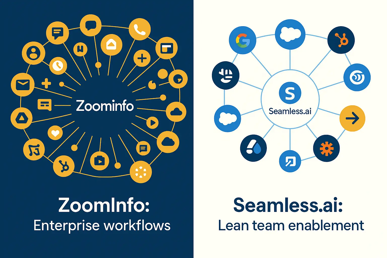 Illustration contrasting ZoomInfo’s enterprise-scale workflow hub of numerous gold icons with Seamless.ai’s lean team enablement circle of fewer blue-and-gold CRM icons.