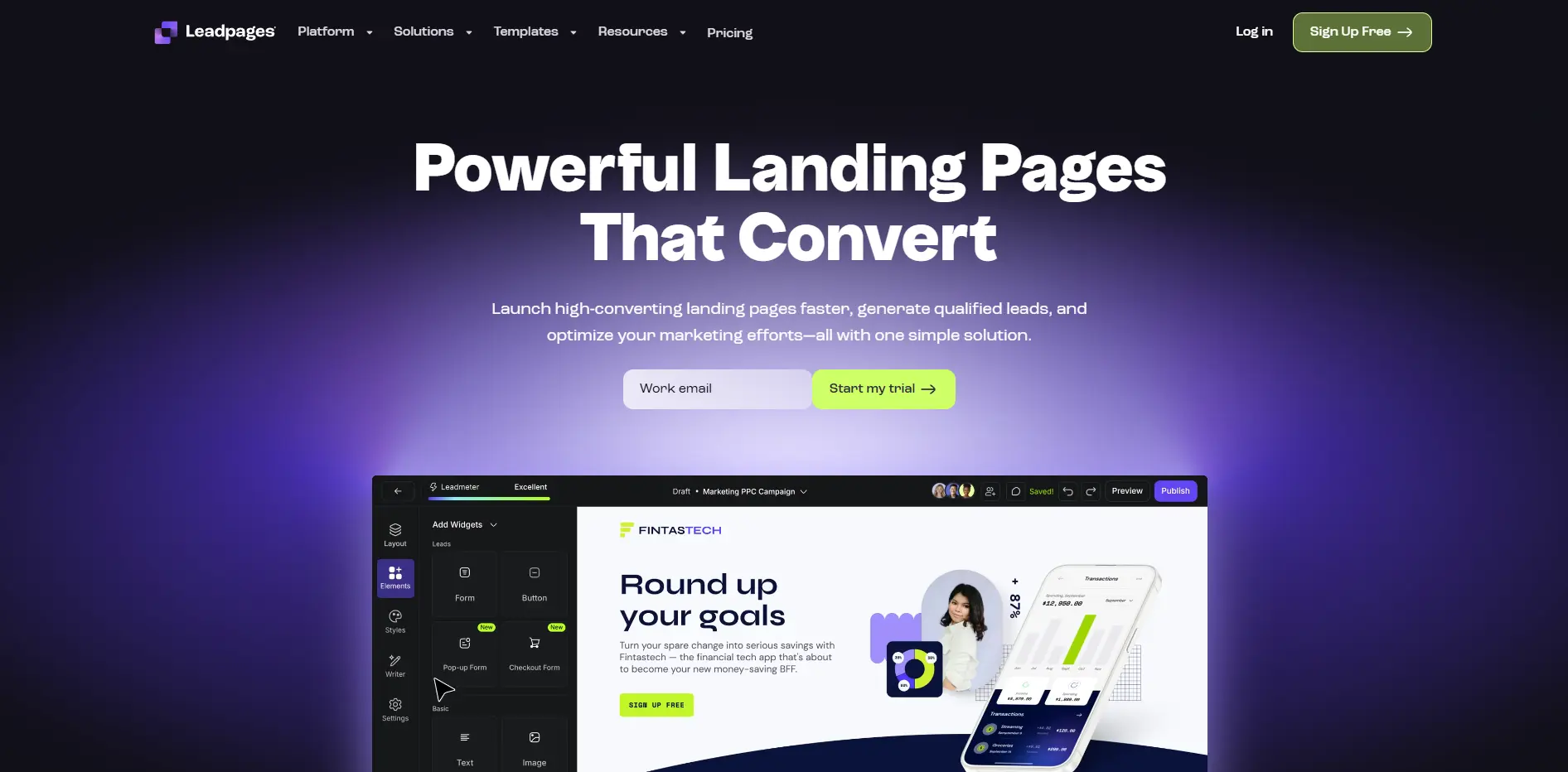 Leadpages hero section with the headline “Powerful landing pages that convert,” CTA buttons, and a preview of the page-builder interface.