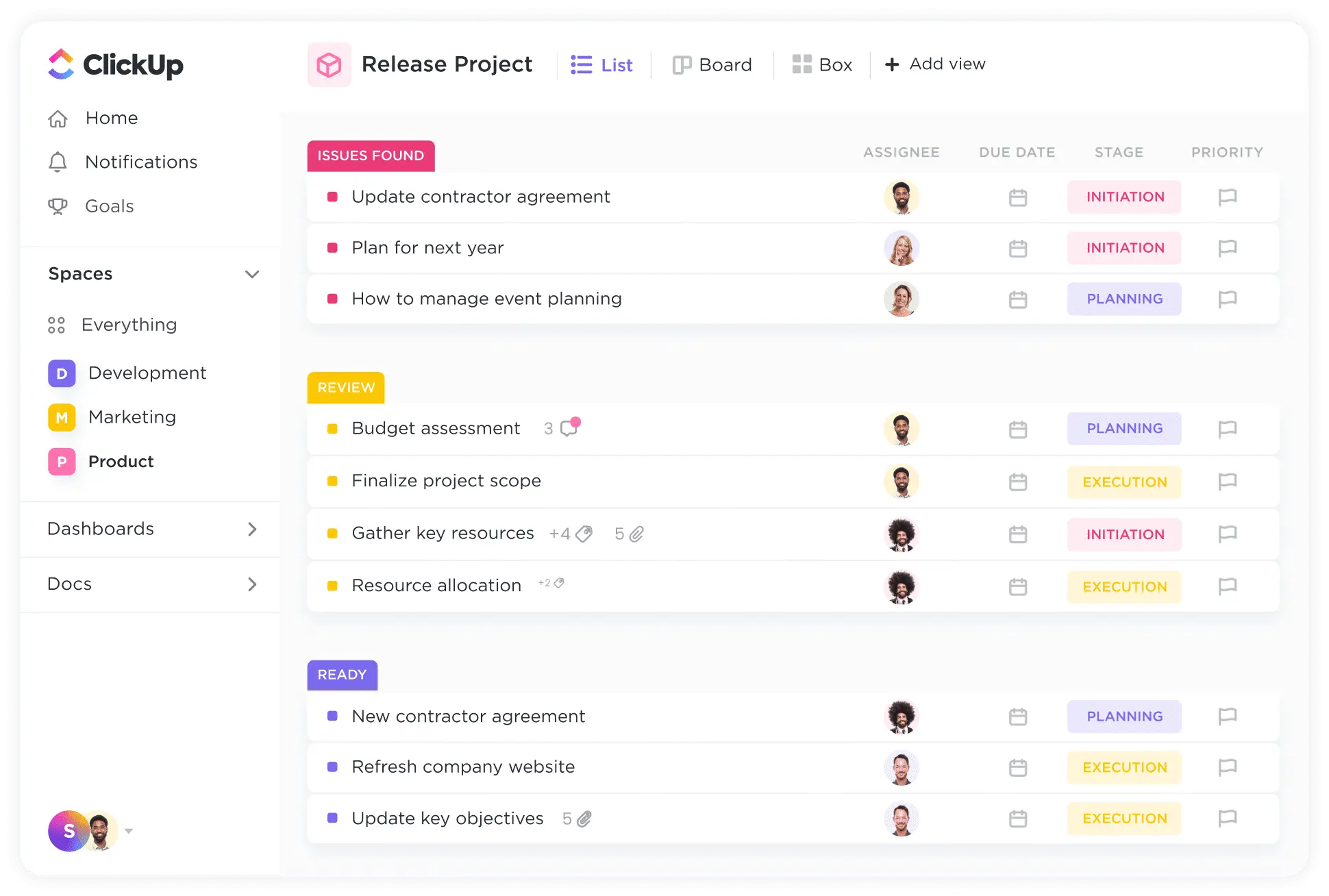 ClickUp interface showing a document with bullet points beside a task board or list—illustrating real-time connection between notes and projects.