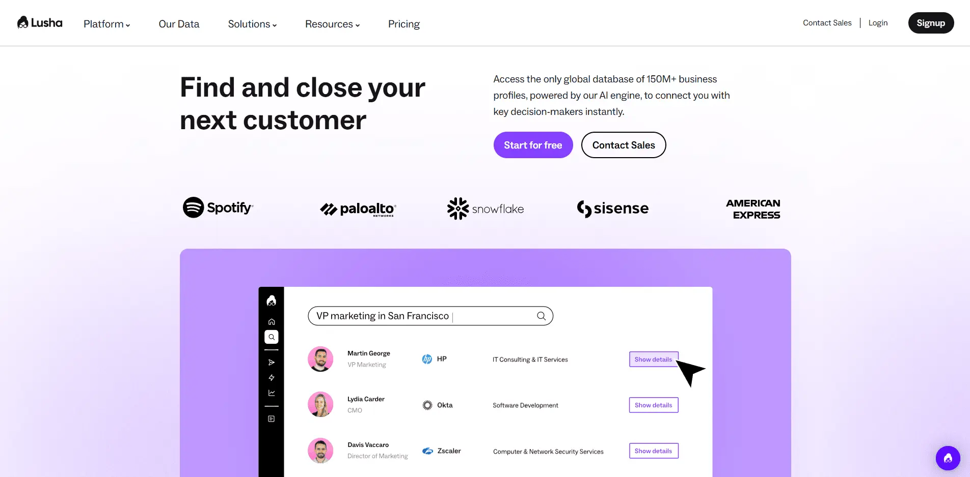 Lusha homepage screenshot with the headline ‘Find and close your next customer,’ ‘Start for free’ and ‘Contact Sales’ buttons, partner logos, and a preview of the search interface.
