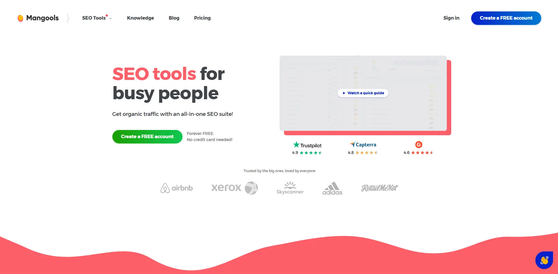 Mangools homepage promoting its all-in-one SEO tools for busy people, with free account sign-up and review ratings.