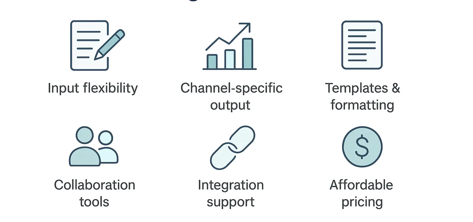 Infographic showing six key features to consider when choosing an AI marketing plan generator: input flexibility, channel-specific output, templates and formatting, collaboration tools, integration support, and affordability