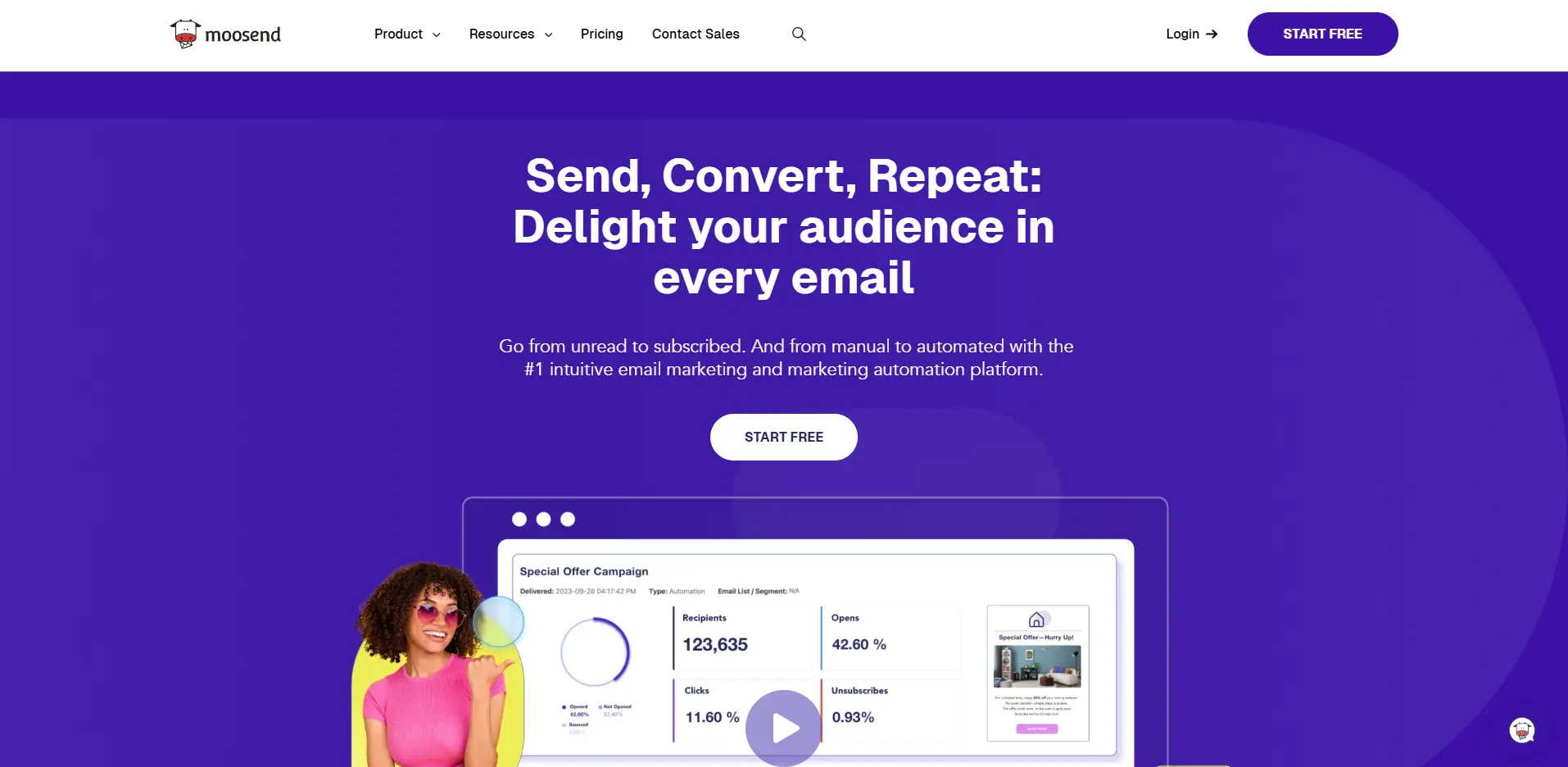 Moosend homepage with a purple background, highlighting email marketing automation features, a “Start Free” button, and a campaign analytics preview.