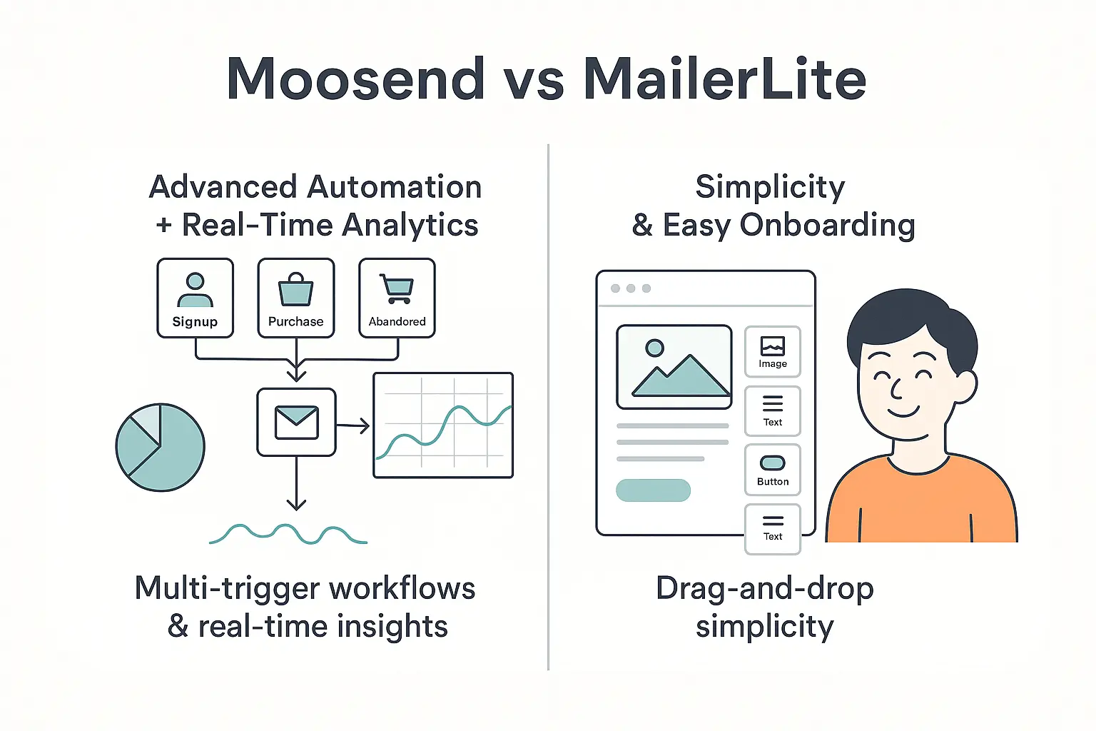 Moosend vs MailerLite comparison showing automation vs simplicity.