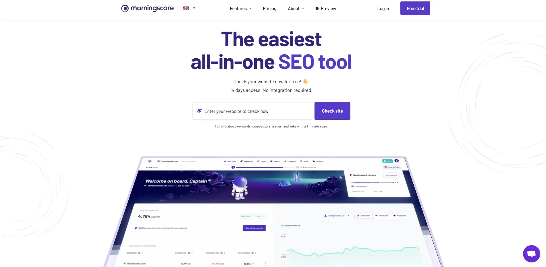 Morning Score homepage highlighting its all-in-one SEO tool with a 14-day free trial and website check feature.