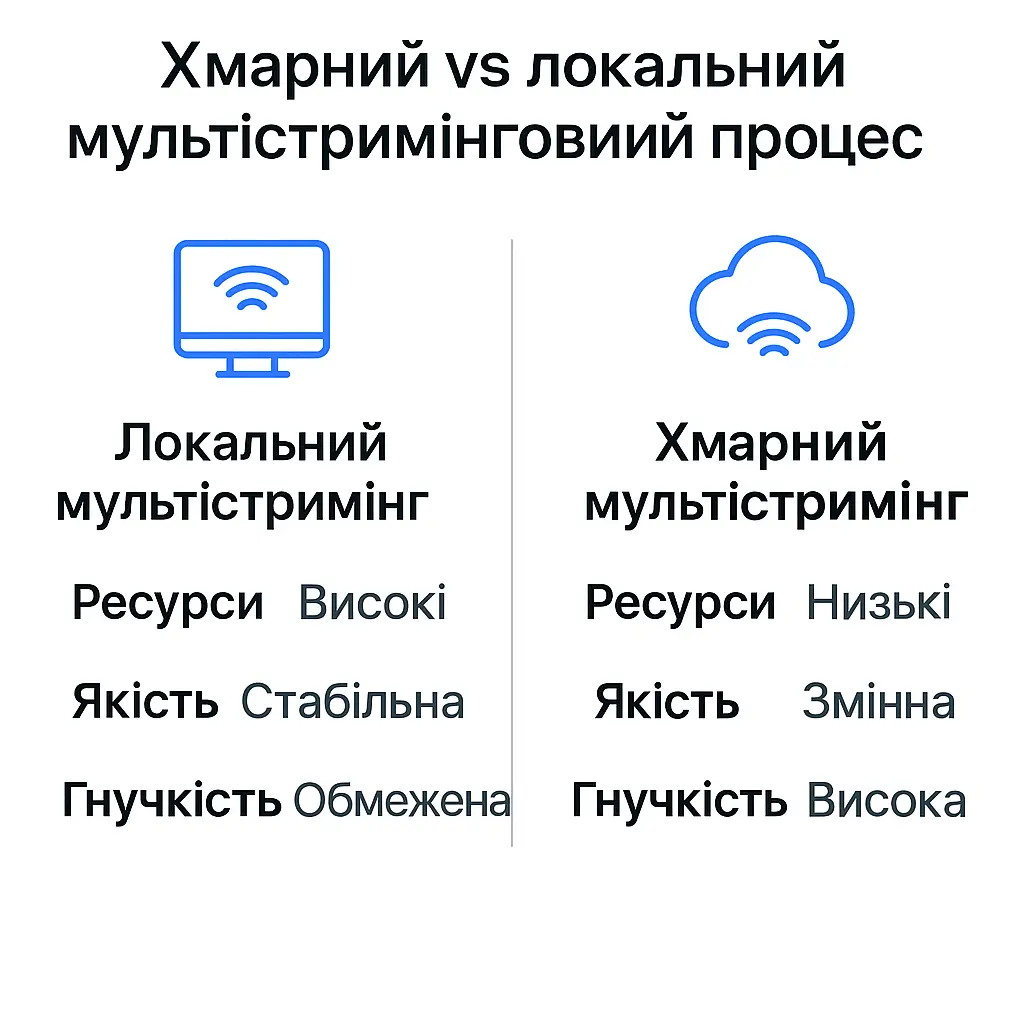 Інфографіка, що порівнює локальну та хмарну багатопотокову передачу: локальна передача вимагає багато ресурсів та забезпечує стабільну якість; хмара використовує мало ресурсів з високою гнучкістю.