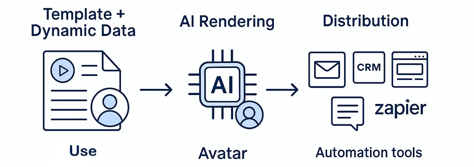 Infographic showing how AI personalized video tools generate and deliver custom videos using templates, user data, avatars, and automation tools like Zapier