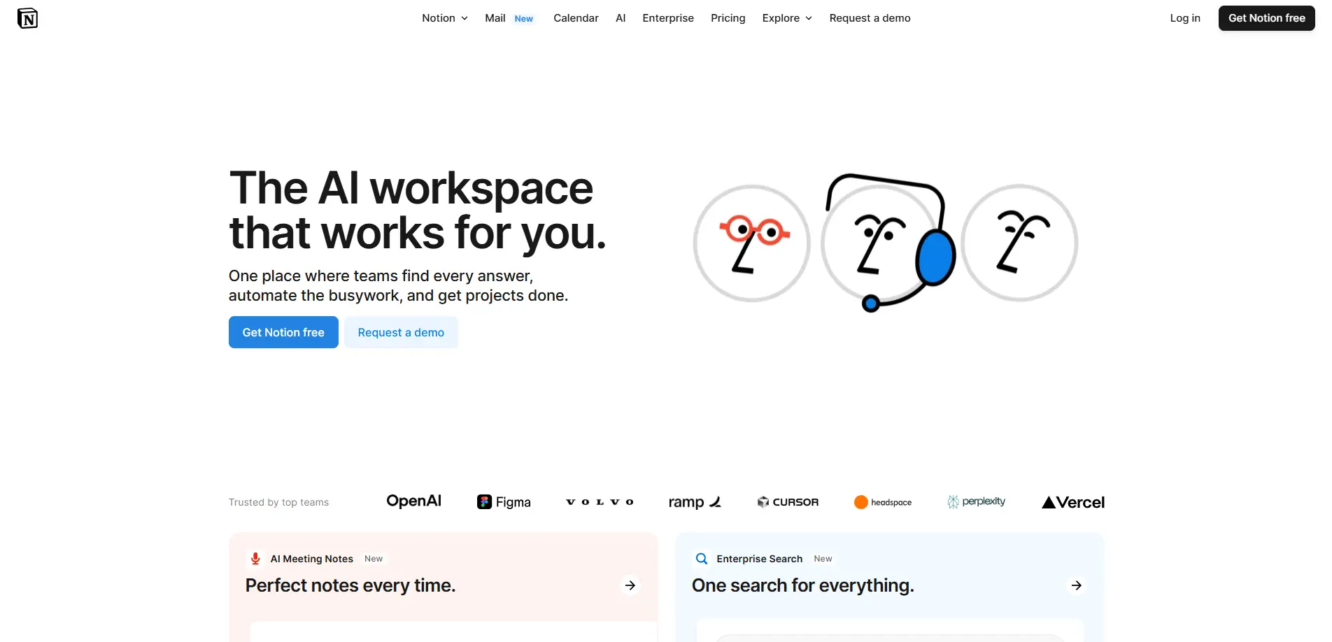 Notion homepage promoting its AI-powered workspace for teams, with headline text, call-to-action buttons, and logos of trusted companies like OpenAI and Figma.