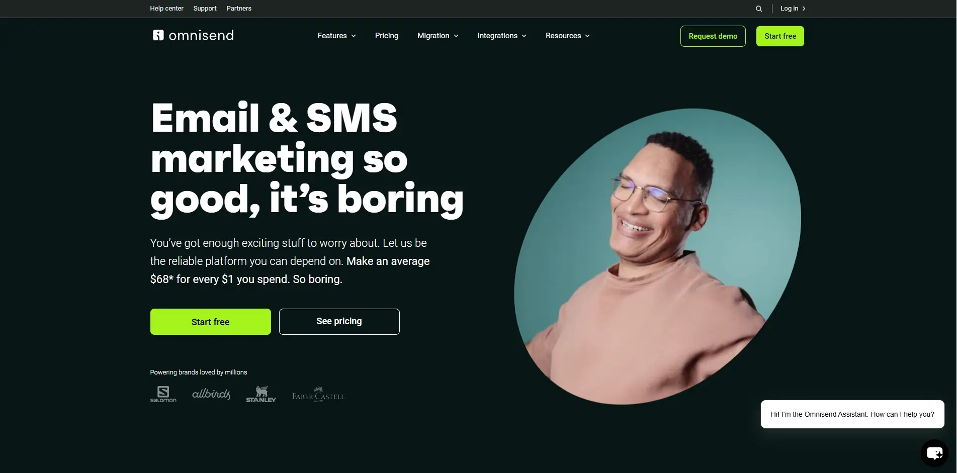 Omnisend homepage with a dark background, showcasing email and SMS marketing, a smiling user image, and buttons for “Start free” and “See pricing.”