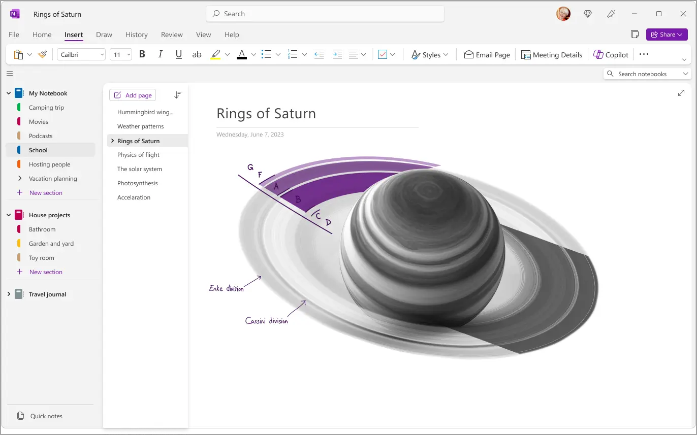 OneNote page with a labeled diagram of Saturn’s rings and organized notebook sections.