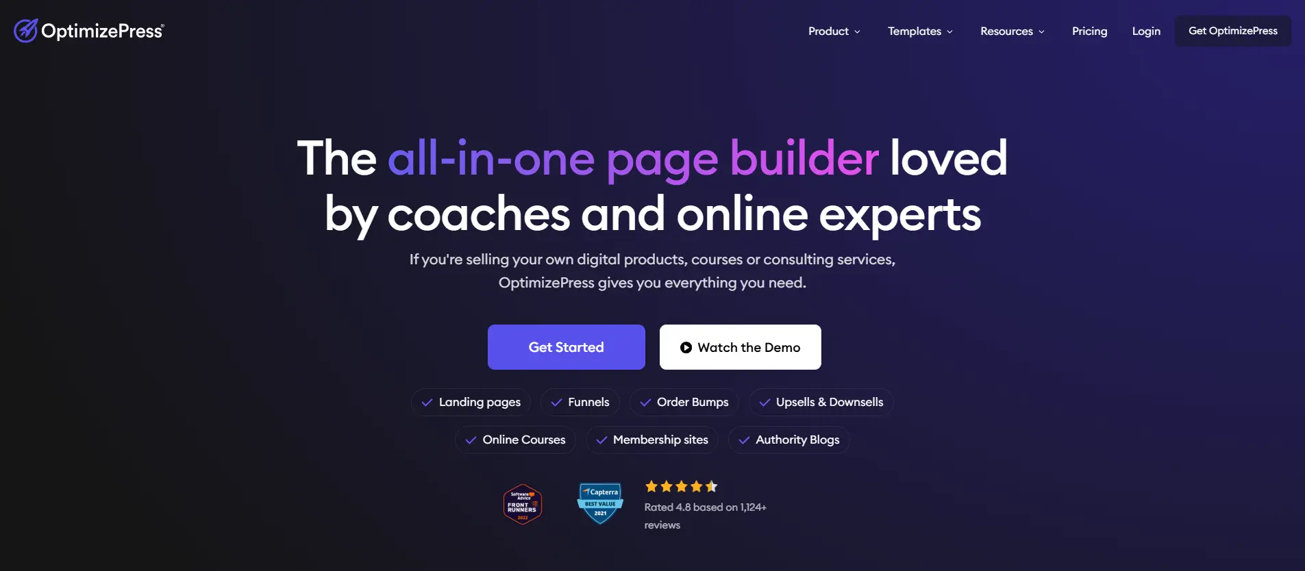 OptimizePress hero section with the headline “The all-in-one page builder loved by coaches and online experts” and CTA buttons.