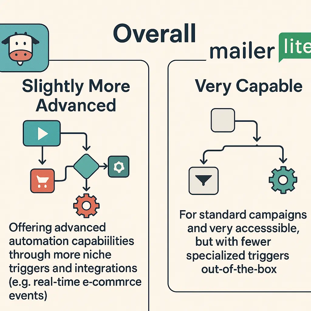 Moosend vs MailerLite automation comparison showing Moosend as slightly more advanced and MailerLite as very capable.