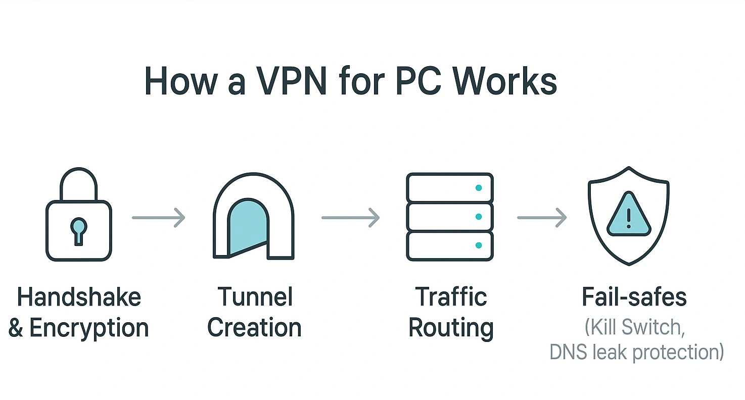 Horizontal flowchart showing 4 VPN steps for PC: Handshake & Encryption, Tunnel Creation, Traffic Routing, Fail‑safes (Kill Switch, DNS leak protection).