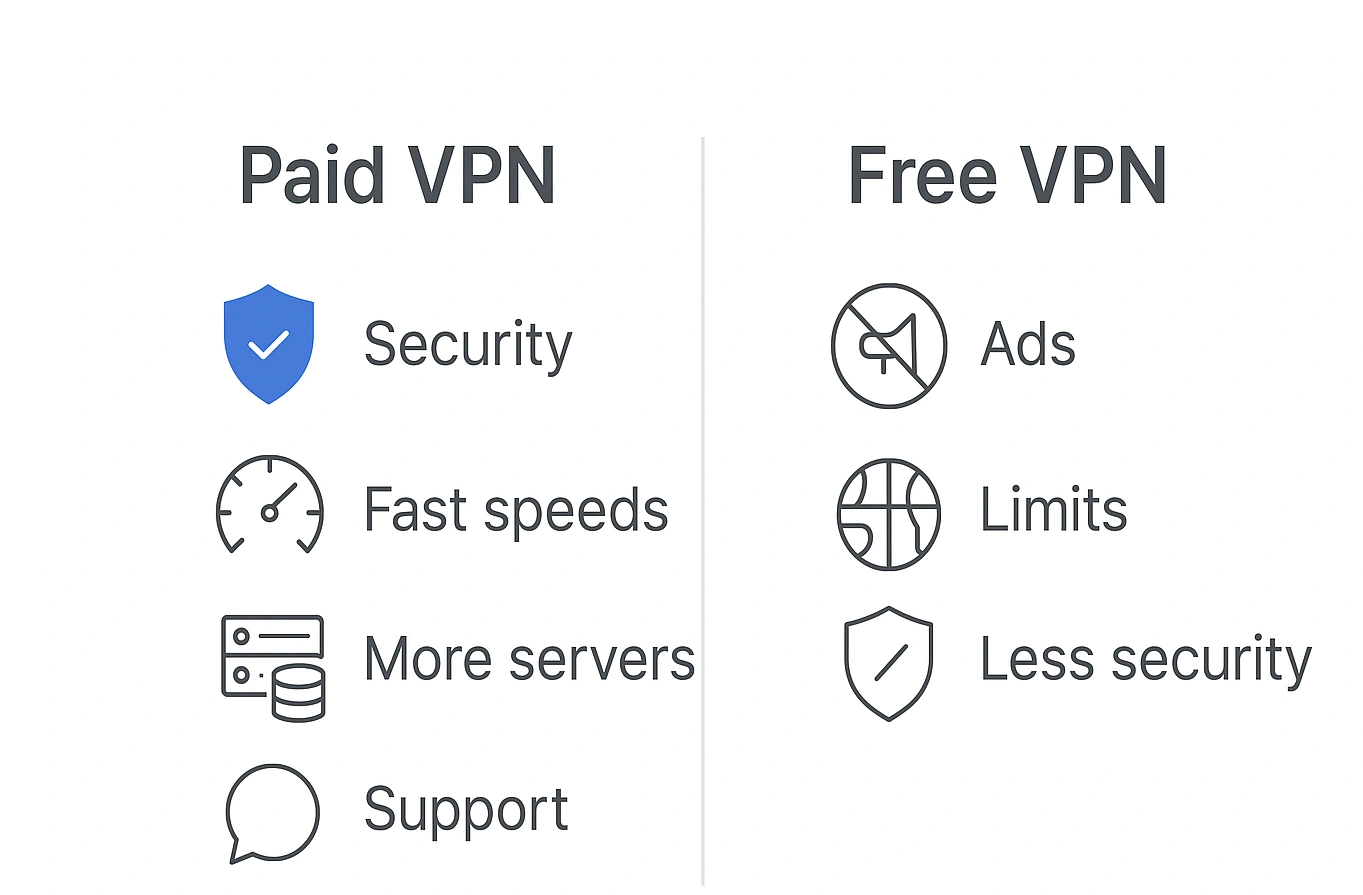 Minimalist two‑column infographic comparing Paid VPN vs Free VPN: security, speed, servers, support vs ads, limits, less security.