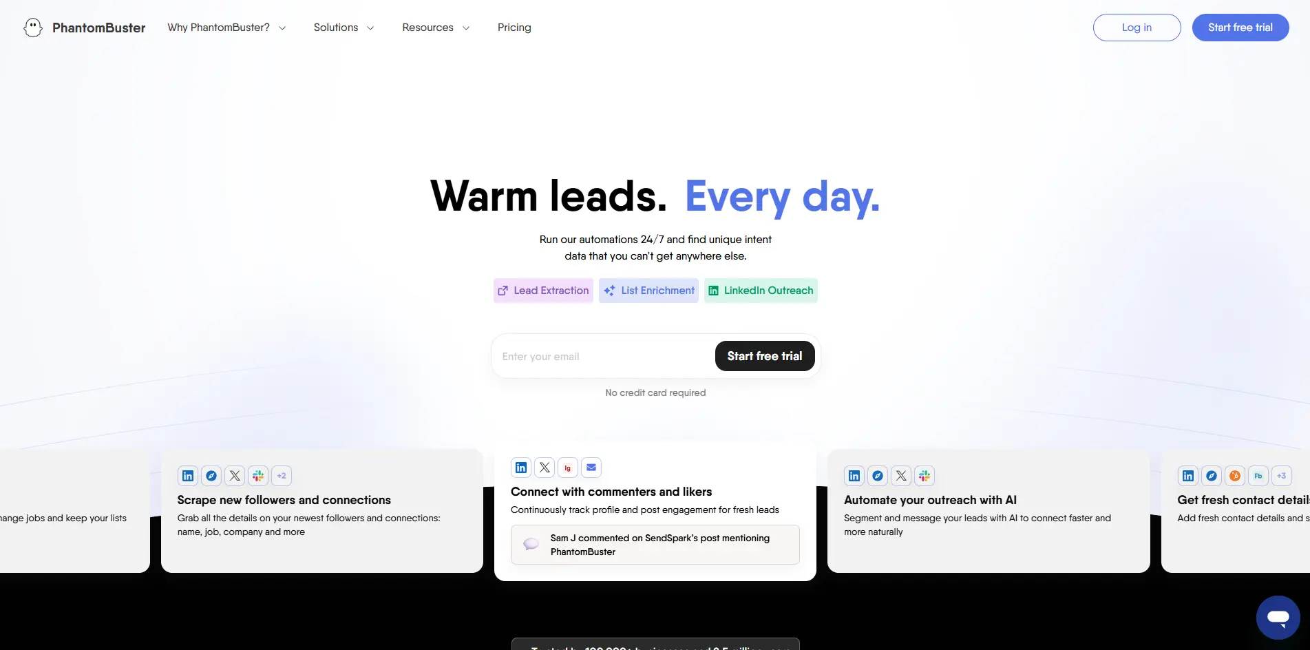 Screenshot of PhantomBuster's homepage highlighting its lead generation automation features and a call-to-action to start a free trial.