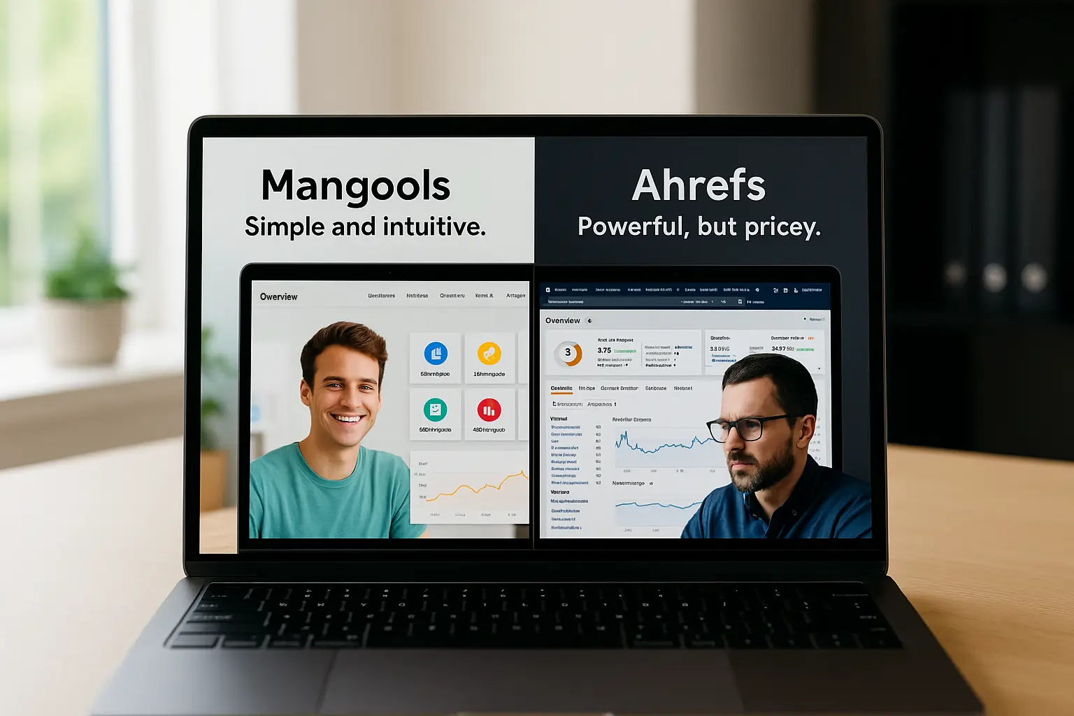Split-screen laptop showing Mangools vs Ahrefs: Mangools side features a smiling user and simple interface; Ahrefs side shows a serious user with a complex dashboard.