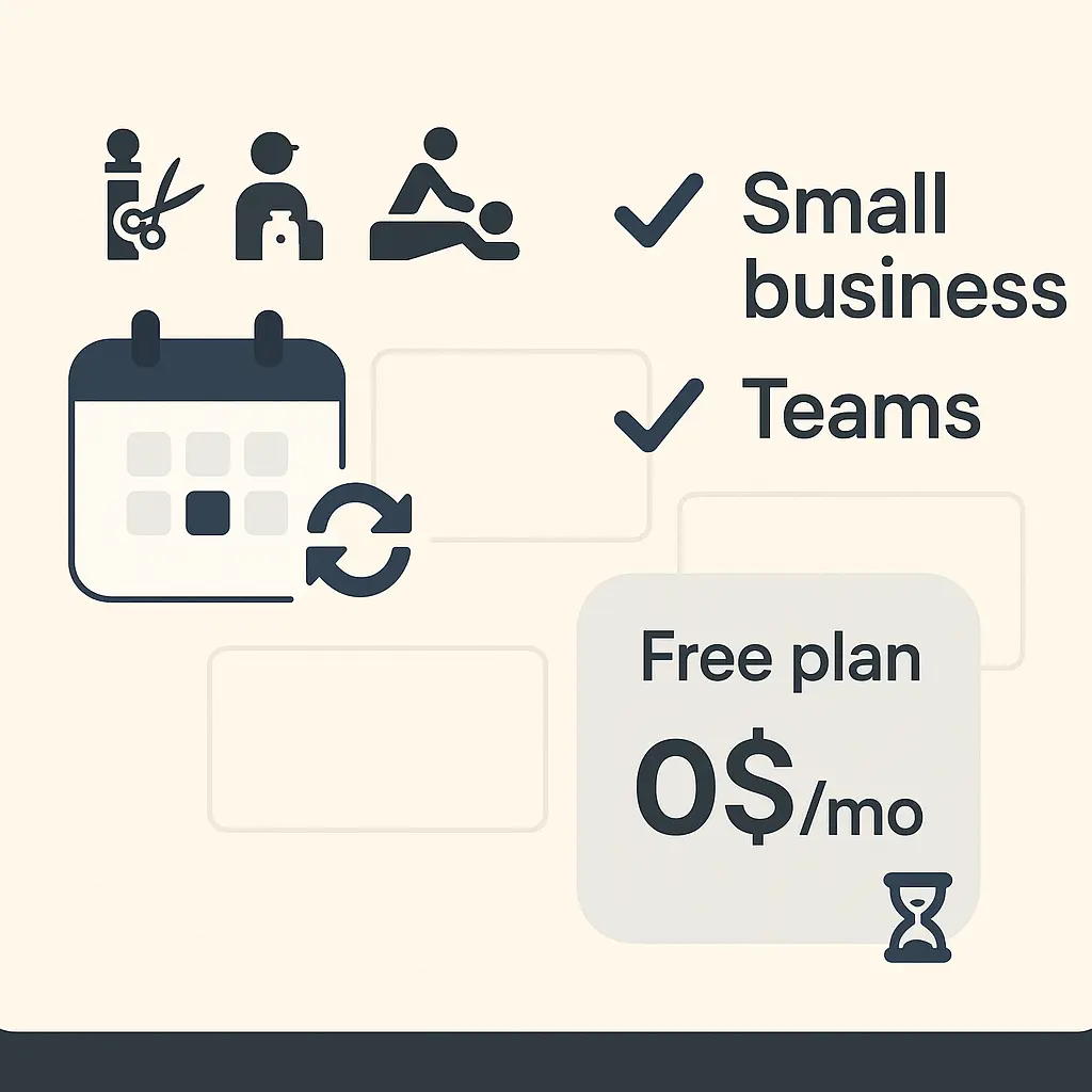 Service icons with ticks for small business/teams, a synced calendar, and a free plan badge.