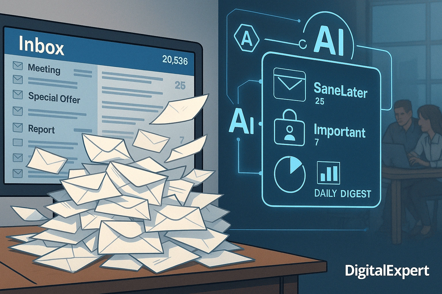 Illustration of email overload with thousands of messages in a cluttered inbox, contrasted by an AI-powered interface sorting emails into folders like “SaneLater” and “Important,” symbolizing SaneBox alternatives for smarter email management.