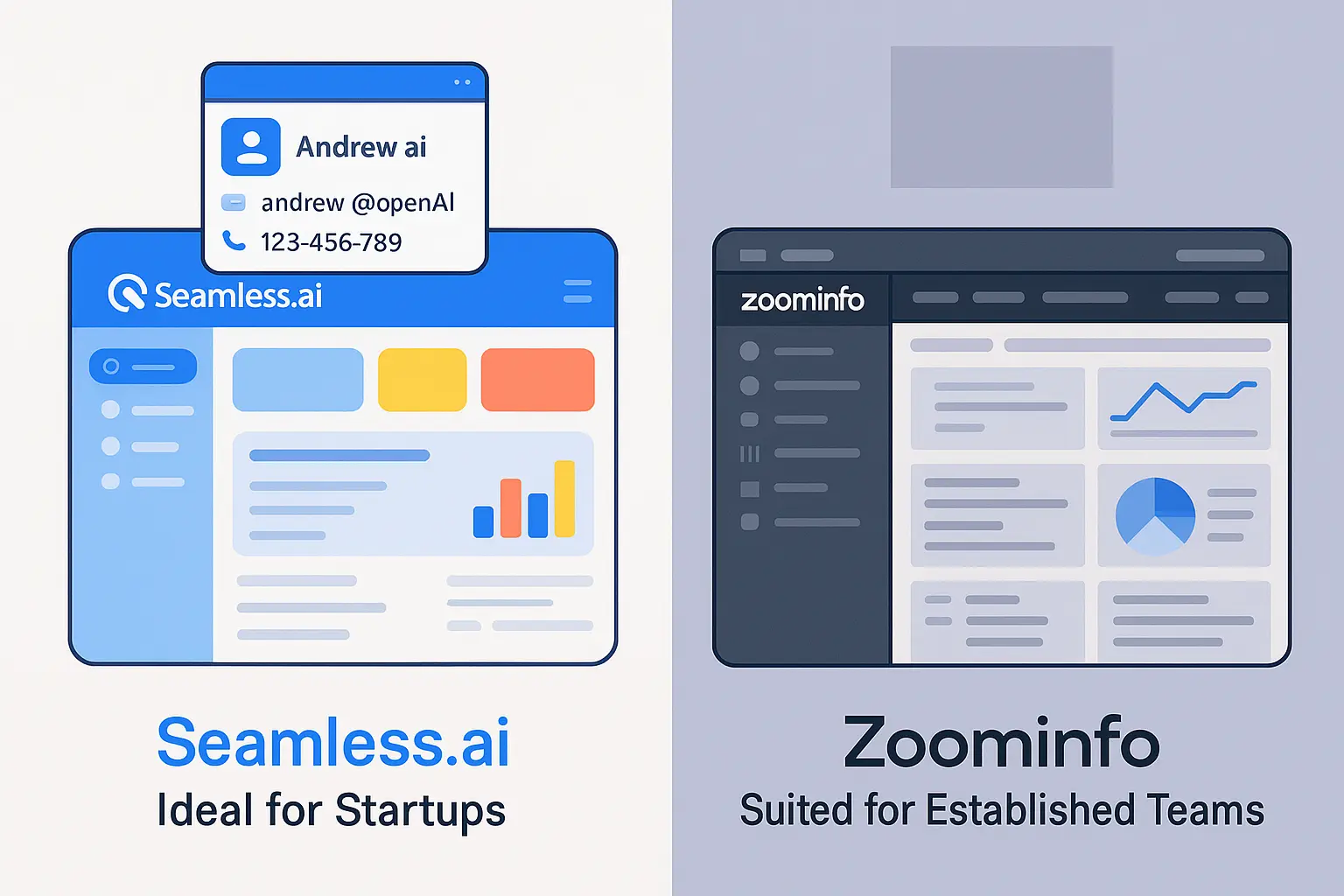 Illustration comparing Seamless.ai as ideal for startups with a colorful UI and contact card, and ZoomInfo as suited for established teams with a dark analytics dashboard.