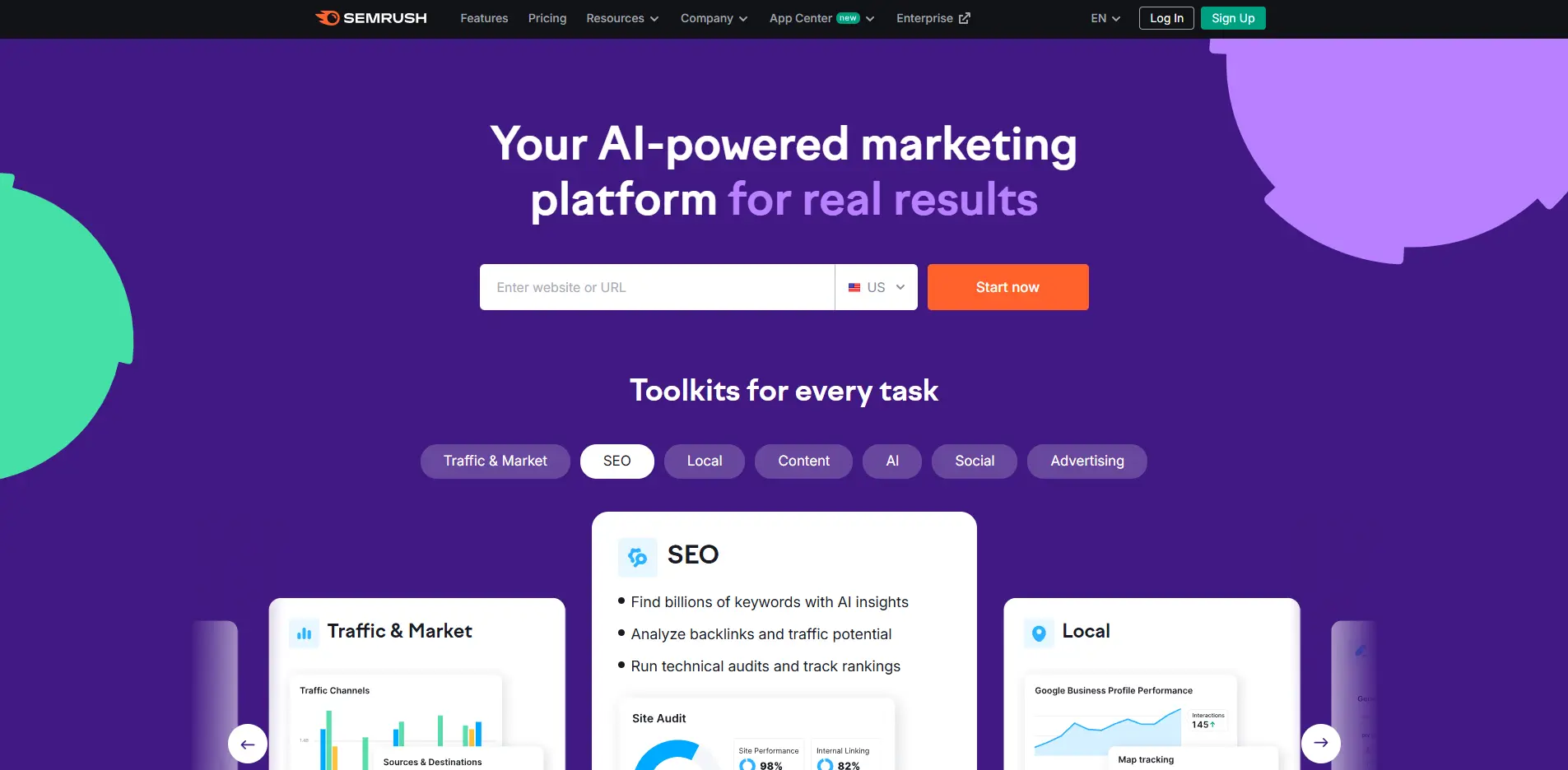 Semrush homepage showcasing its AI-powered marketing platform with toolkits for SEO, content, local search, and advertising.