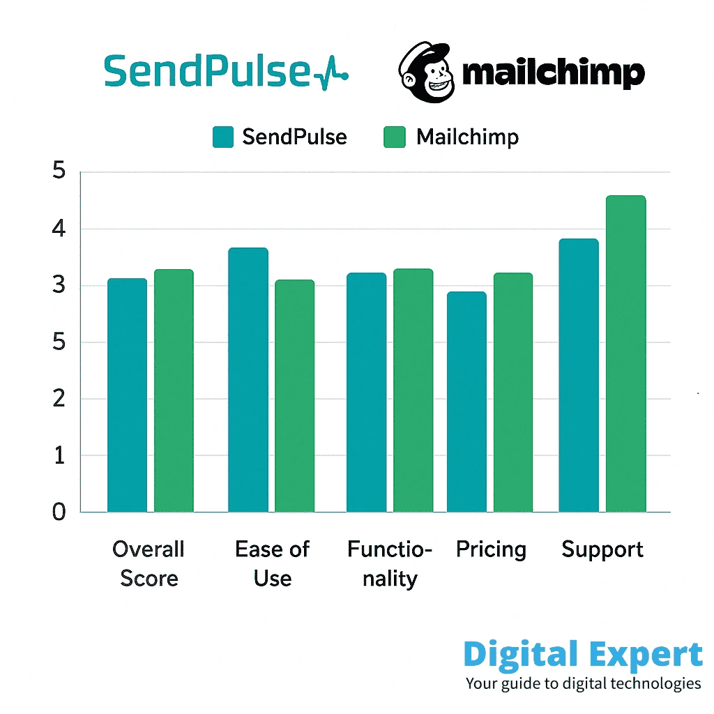 Handshake graphic where the SendPulse logo steps forward, Mailchimp logo tips its hat in polite defeat.
