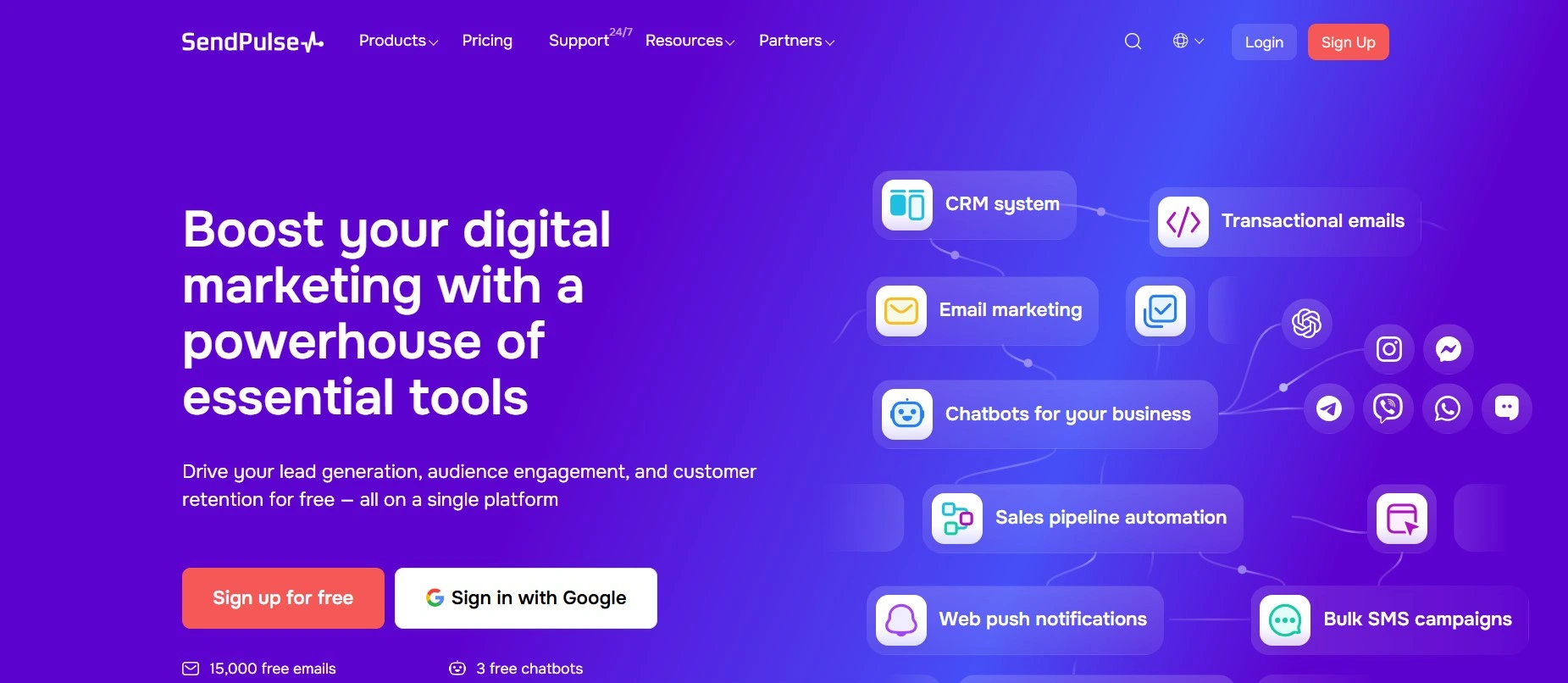 SendPulse dashboard showing email, SMS, and web-push channels side by side, plus an Automation 360 flow builder for successful marketing campaigns.