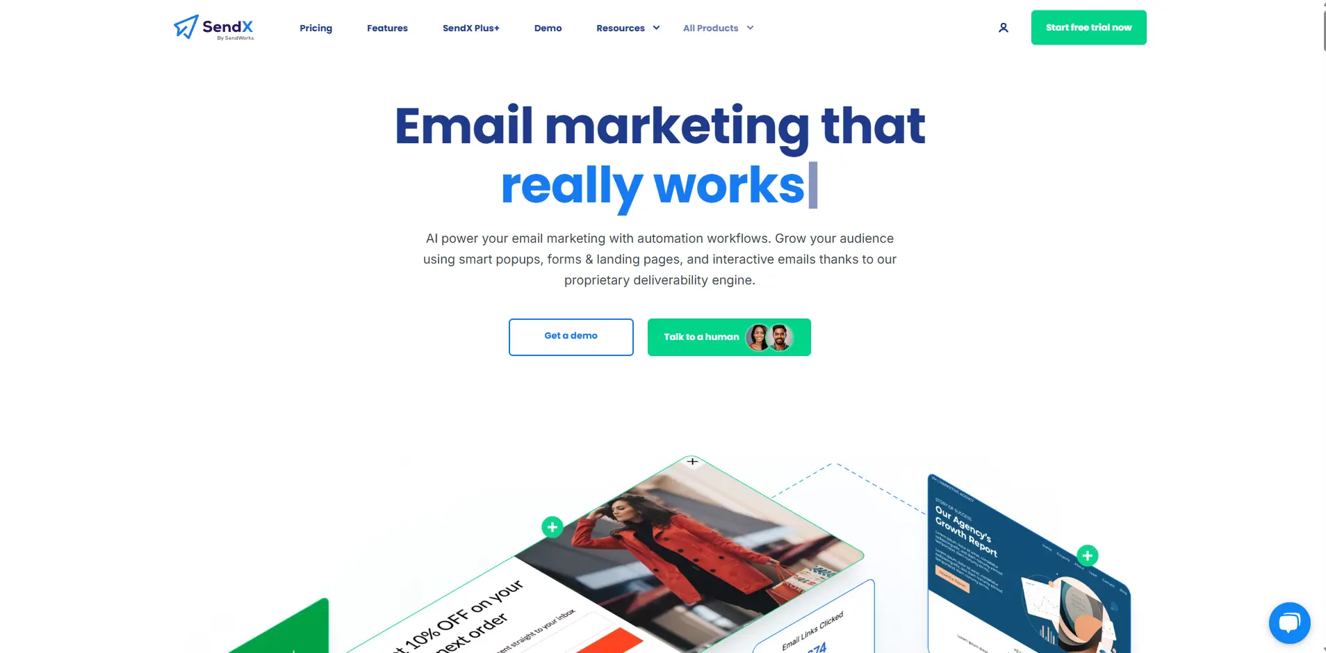 SendX homepage emphasizing effective email marketing with automation, a bold headline, and previews of email templates and popup designs.