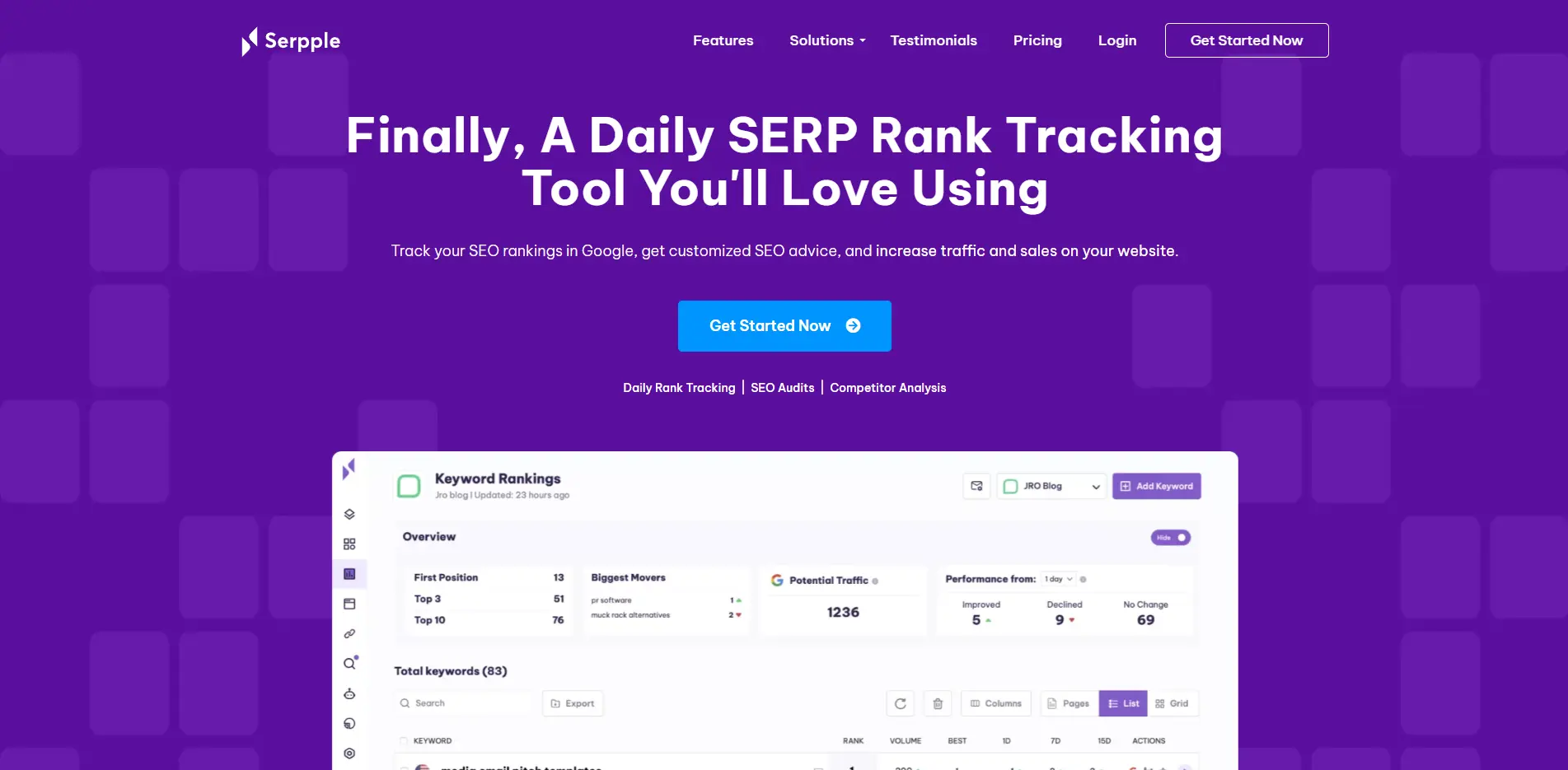 Serpple homepage promoting its daily SERP rank tracking tool with SEO audits and competitor analysis features.