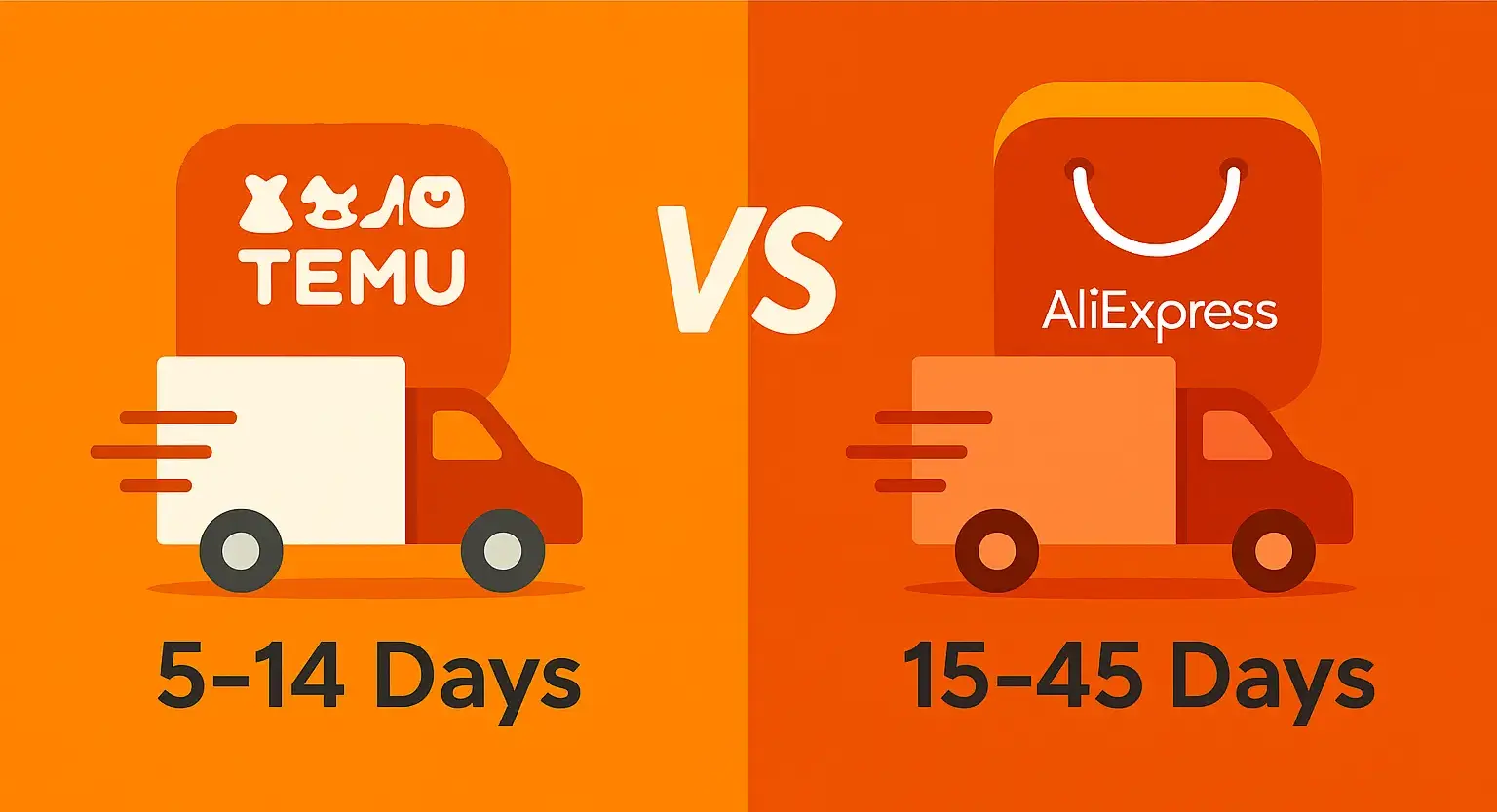 Side-by-side delivery speed comparison graphic showing Temu with 5–14 day shipping and AliExpress with 15–45 day shipping, illustrated by delivery trucks and brand logos on an orange background.
