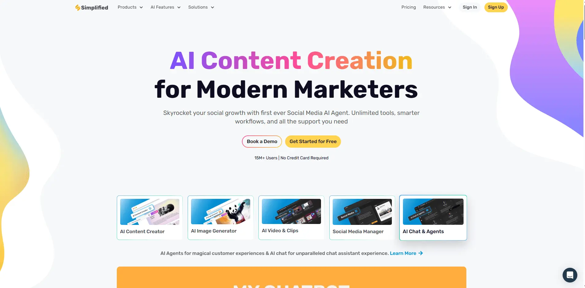Simplified homepage showcasing AI-driven content creation tools for marketing, including text, image, video, and social media features.