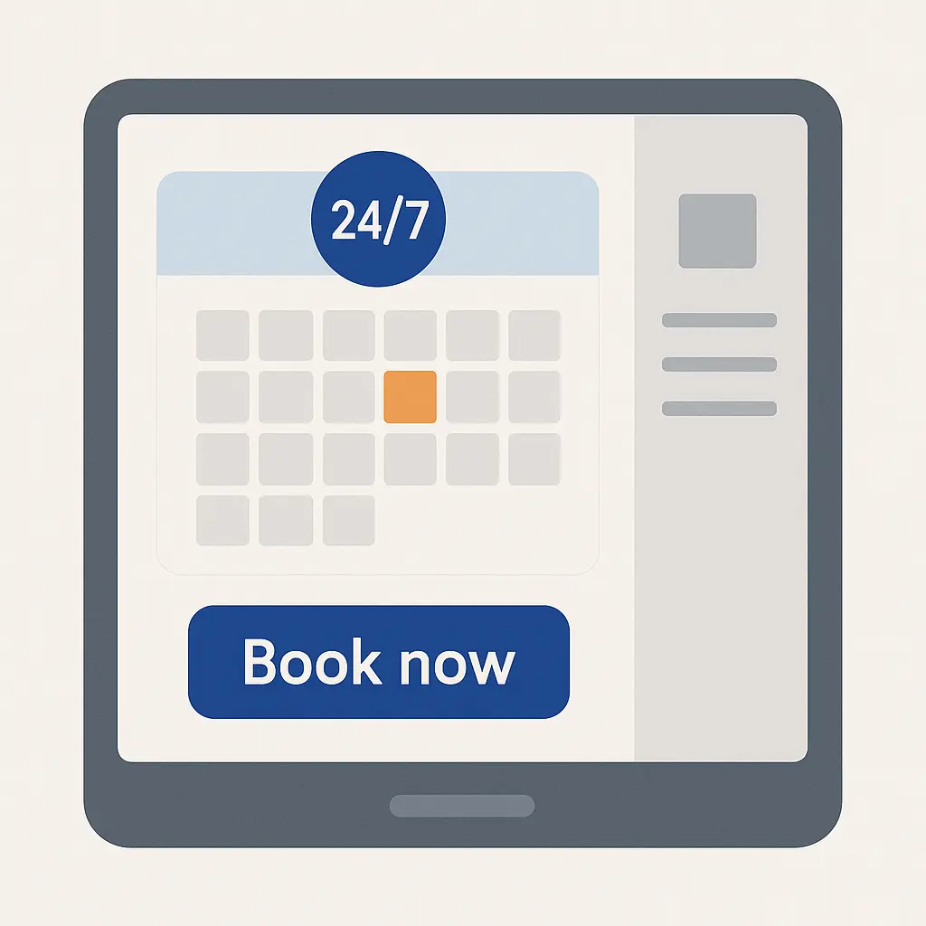 Tablet screen with a 24/7 calendar, highlighted date, and ‘Book now’ button.